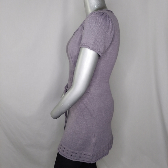 La Redoute Sweater Dress 14/16 Purple Tie Belt V-Neck Button Short Sleeve Mini - Picture 2 of 6